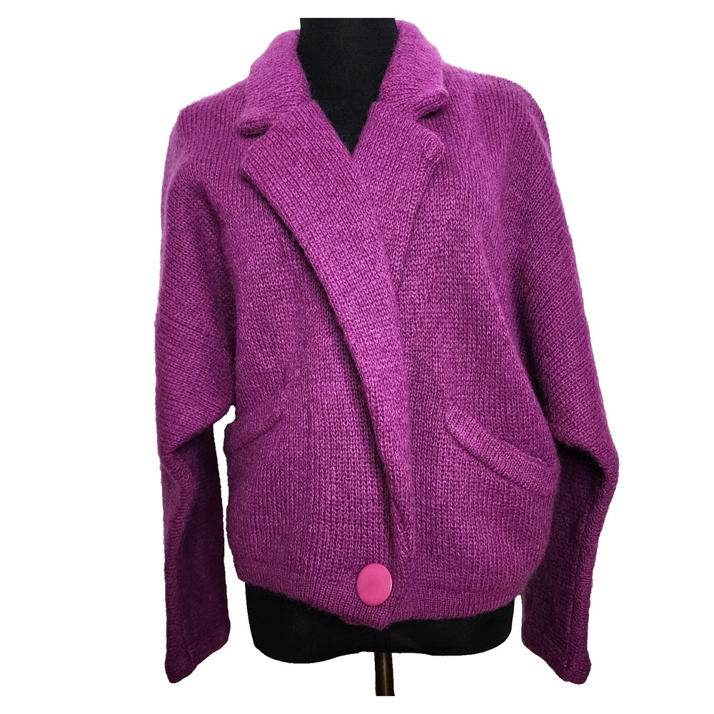 Vtg 80s Mohair Wool Blend Cardigan Purple Chunky Knit Button Sz S